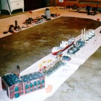 [1999] The full size plan & structures for the SHELBY  RITE railroad, laid out on the basement floor.