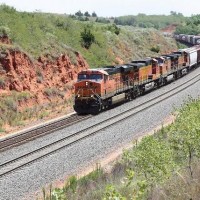 BNSF GEs pulling a manifest on the Curtis Hill, OK, Transcon line: AUg 2009