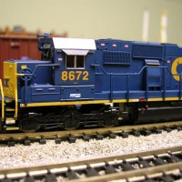 Custom re-numbered YN3 CSX SD50. This was an Atlas YN3 CSX SD50 with the original road number #8503 and I had two of these with same road number. I didn't want to run two of the same locos on my layout with the same road numbers so this was re-numbered to #8672. The number boards are also re-numbered to #8672.