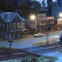 Night view of the moes tavern and karl farm market.
GE dash 8 B36 from atlas.

N-scale layout