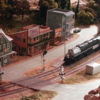 The turtle field Town and it's commercial row.
# 3802 rio grande Challenger from athearn.

N-scale layout.
