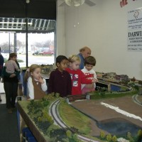 Some eager visitors to my model railroad.  This was before a lot of the scenery was completed.