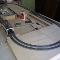 Revised track plan.  Modules built, but track not secured.  Testing module fit.