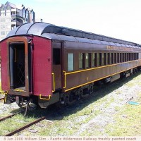 ONE OF THE REPAINTED COACHES USED BY THE PACIFIC WILDERNESS RAILWAY.