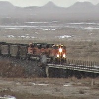 BNSF snow at Fallon PIC 1245. Coal heading east in winter 14-15.
