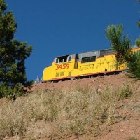 Near Perkins, UP 3959 is captured among Wyoming's scenery
