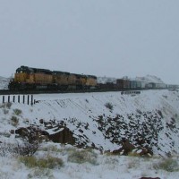 A Deuce leads a train at Dale Jct in a blizzard