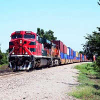 Ferromex 4601 ldg WB BNSF stacks at Verona, MO, 7-16-08