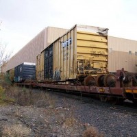 Wreck Boxcar on Flatcar