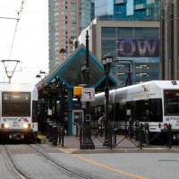 Hudson Bergen Light Rail Exchange Place Station with Trains