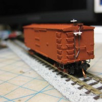 Finishing touches on Virginia & Truckee Hay Boxcar 1011
