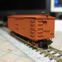 Finishing touches on Virginia & Truckee Hay Boxcar 1011
