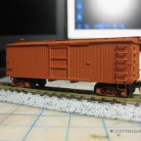 Finishing touches on Virginia & Truckee Hay Boxcar 1011