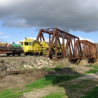 Ballast cleaning train crossing the Brazos.