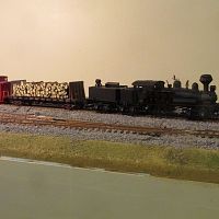 Bachmann 3 truck Shay pulling pulp wood train.