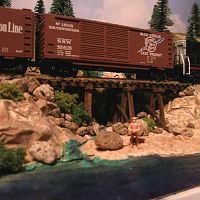 Man fishing in the creek while train passes