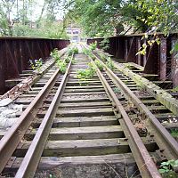 Abandoned rails and bridge at the Baker Chocolate Factory. For Paulie