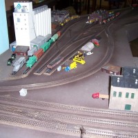 The track curving up to the top of this picture leads to the Ochoco Junction yard. Most of the sorting of freight traffic on the Oregon Western Lines is done at Ochoco Junction, and much of the Oregon Western Lines' maintenance of way equipment is kept here when not on a job.