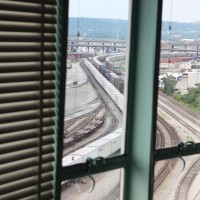 This was the a LONG Roadrailer passing through Union Station, Cincinnati, OH Jun 09.  This shot is looking towards the front of the train.  The Locomotives have disappeared around the bend to the right.