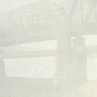 Two fishermen in a boat, shrouded by the thick fog, as a freight passes by overhead.