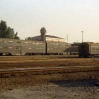 Several trains sit at the San Jose SP station.