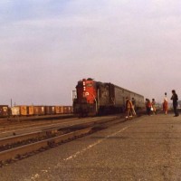 An SP commuter train pauses in Santa Clara, Ca.