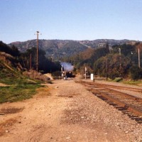 An NWP train heads south into Healdsburg, Ca.