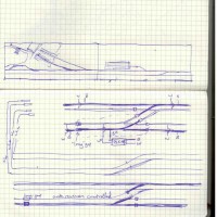 Sketches for Oregon-American T-Trak modules. The module on the left has the track and is pretty much going to be as is. The module on the right will have a cross-over, but I haven't settled on a track plan, yet. The spur is for a service shop for locomotives and OA owned equipment.

The diagrams are for wiring the cross-over. This is still the subject of some discussion.