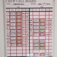 C&W crew call board mounted on the door to the layout room from the "crew lounge"/dispatcher's office.