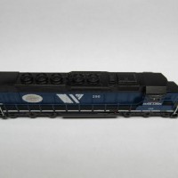 MRL 290, SDP40-2XR ( SDP40 ).  Made with Kato SD40 on SD45 sill.  The rear end was made with styrene, BLMA doors and grabs and a detail Associates headlight.  The walkway behind the cab was modified with styrene (LOTS of styrene!), BLMA tread plate and GMM brass handrails.  Other details: BLMA 5 chime on a custom bracket and BLMA sun shades and wind deflectors/ mirrors.  The engine was modeled for a 2007 time frame, the centennial logo is faded and by this time it recieved the larger white sill stripes.