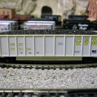 N scale LBF Confederate gray CSX bethgon coalporter. I found these while searching for some Athearn Aluminator CSX hoppers that are retired. These LBF hoppers are also long out of production so I was lucky to find a total of fourteen of these. Athearn will re-relese the CSX Aluminator hoppers in August. These are very nice hoppers out of the box with MT trucks but the loads they come with are well, square so I added real coal loads for these LBF hoppers.