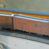 Close up of PFE weathered freight cars, from MT