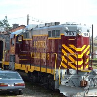 GP-10 LOCOMOTIVE 703 OF THE PACIFIC WILDERNESS RAILWAY. IT IS BEING LEASED FROM THE OHIO CENTRAL.