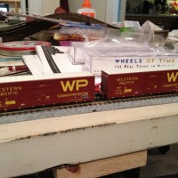 A couple of Wheels Of Time N scale PC&F double door box cars.