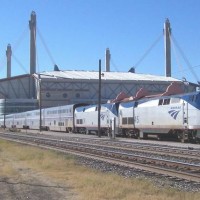 Amtrak train taking on passengers in San Antonio
