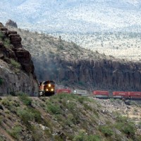 BNSF stack train snaking around the curves