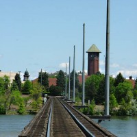 The bridge over the mighty Missouri, looking at the GN depot in GF