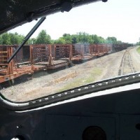 Looking out the front window and rail cars