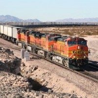 An EB BNSF pig train cresting Ash Hill on the Santa Fe Needles Sub