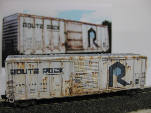 A new FVM Rock Island boxcar that I just got done weathering as close as I could to the proto pic I had